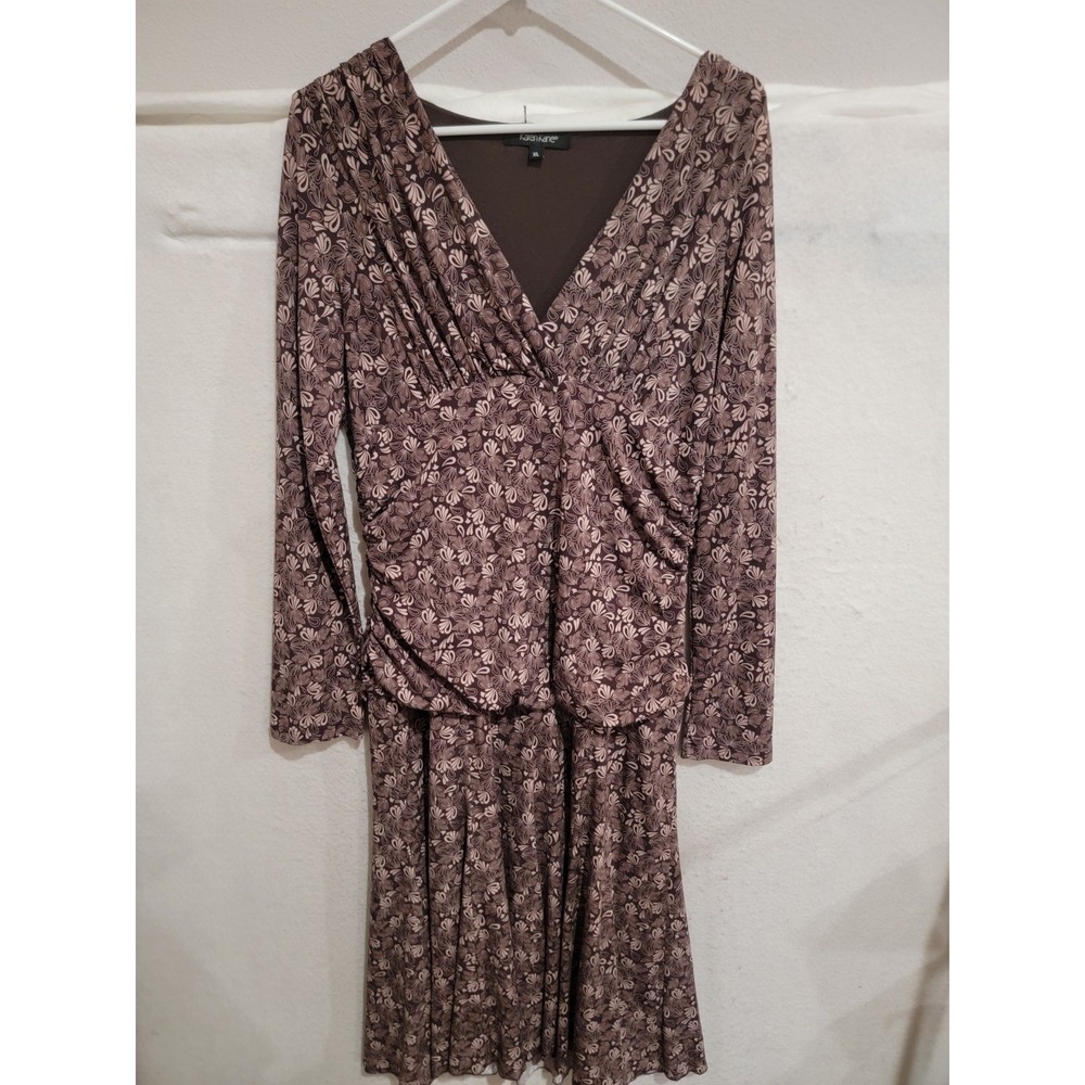 Karen Kane Women's XL Blouson‎ Dress Brown Floral Ruched Side Tummy Hiding Midi